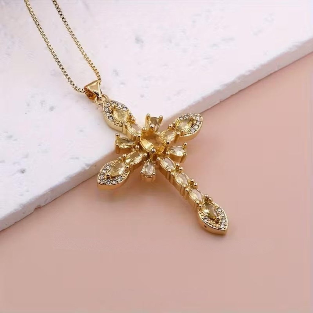 Yellow & Gold Crystal Cross Pendant Necklace Christian Faith Jewelry Women Gift